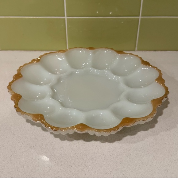 Anchor Hocking Other - Anchor Hocking Fire-King Milk Glass Deviled Egg Serving Plate with Gold Trim